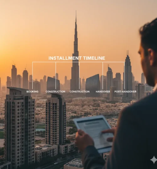 Post‑handover payment plans in Dubai 2025 illustrated over the skyline at golden hour