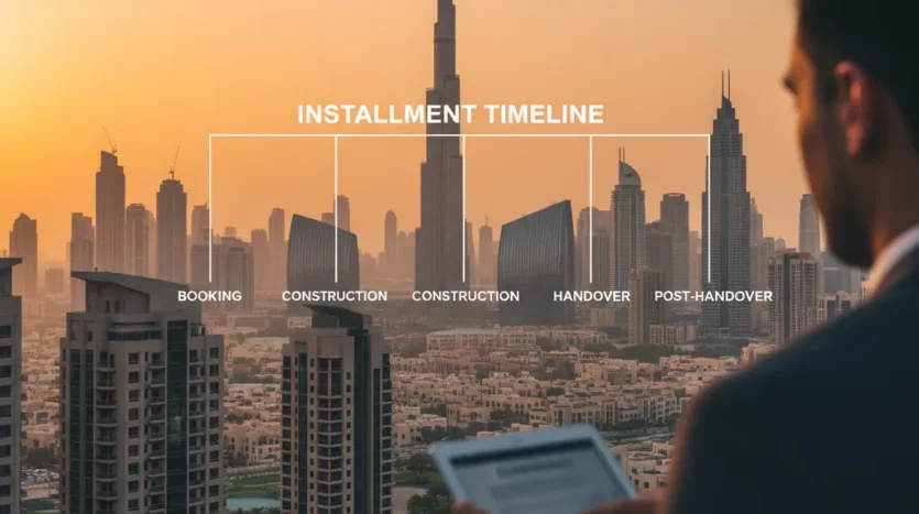 Post‑handover payment plans in Dubai 2025 illustrated over the skyline at golden hour