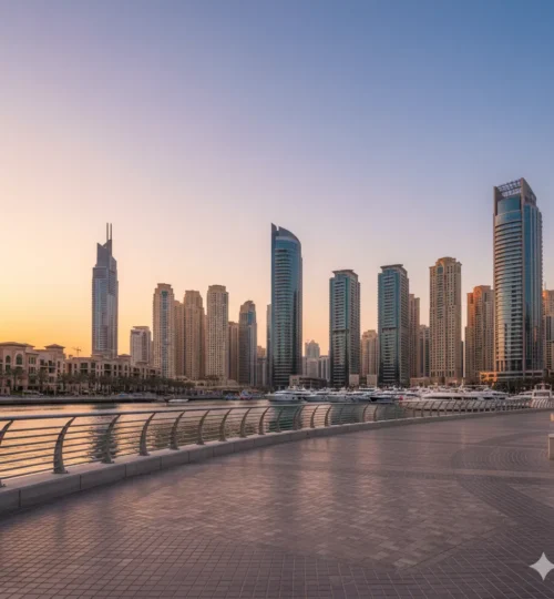 Dubai real estate tax overview with skyline and marina at golden hour