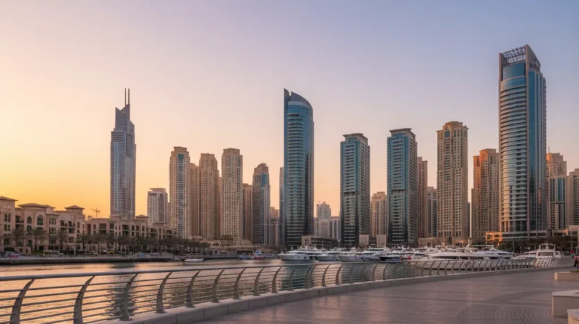 Dubai real estate tax overview with skyline and marina at golden hour