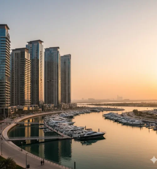 Dubai Creek Harbour investment skyline at golden hour with marina and waterfront towers