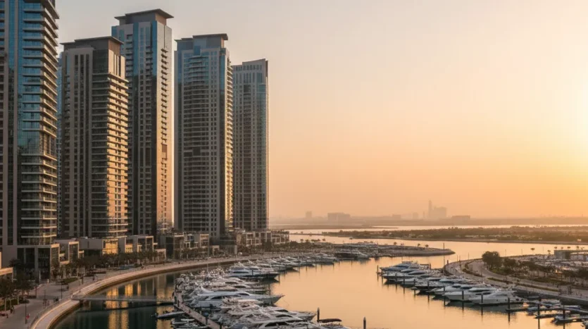 Dubai Creek Harbour investment skyline at golden hour with marina and waterfront towers