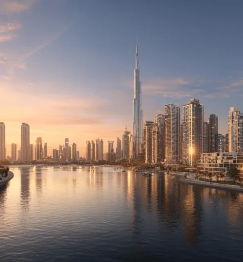 Business Bay vs Downtown Dubai 2025 skyline comparison at sunset with canal and Burj Khalifa