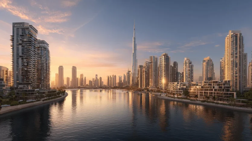 Business Bay vs Downtown Dubai 2025 skyline comparison at sunset with canal and Burj Khalifa