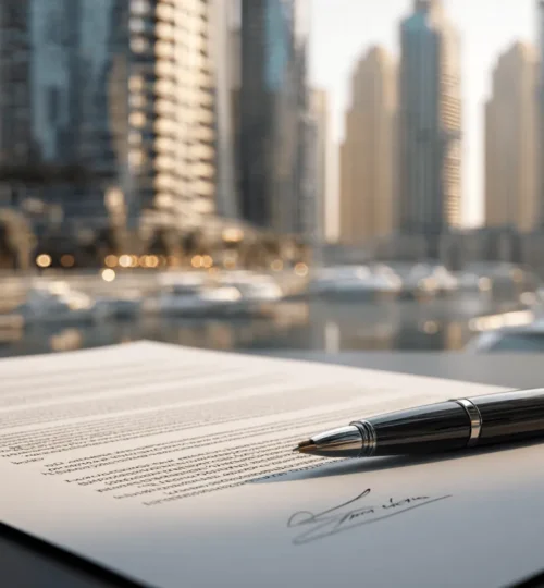 Signing a lease agreement with Dubai skyline in the background at sunset