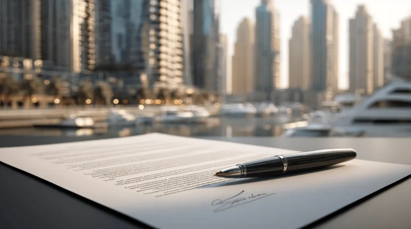 Signing a lease agreement with Dubai skyline in the background at sunset