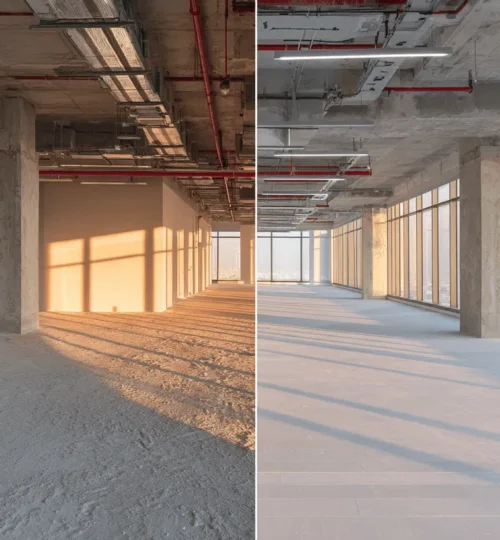 Shell & core vs fitted offices in Dubai shown side-by-side with skyline views