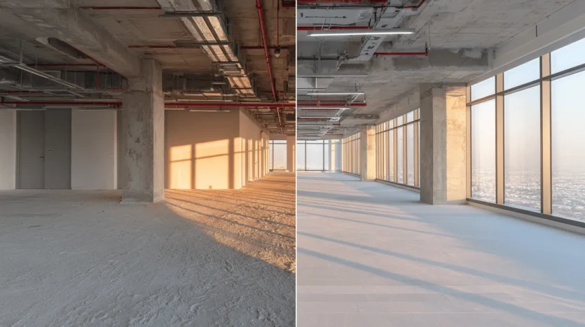 Shell & core vs fitted offices in Dubai shown side-by-side with skyline views
