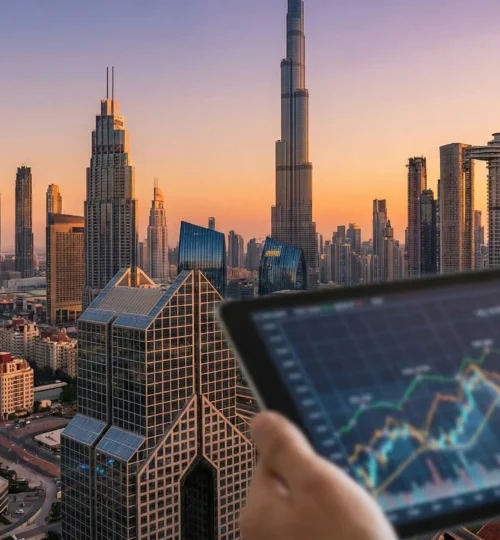Modern commercial skyscrapers in Dubai business bay representing real estate investment assets.