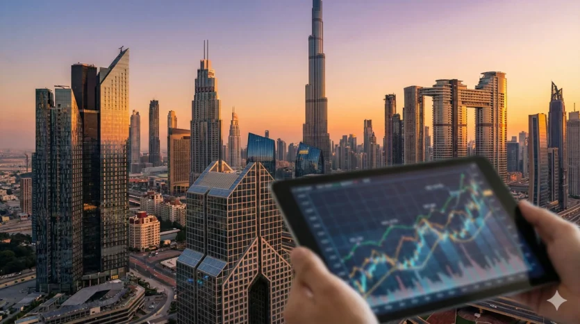 Modern commercial skyscrapers in Dubai business bay representing real estate investment assets.