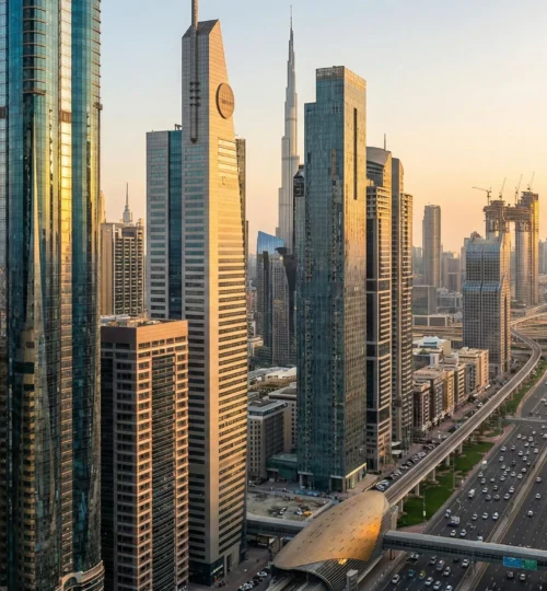 Panoramic view of Dubai skyline showing modern office towers in Business Bay and Downtown for commercial real estate analysis.