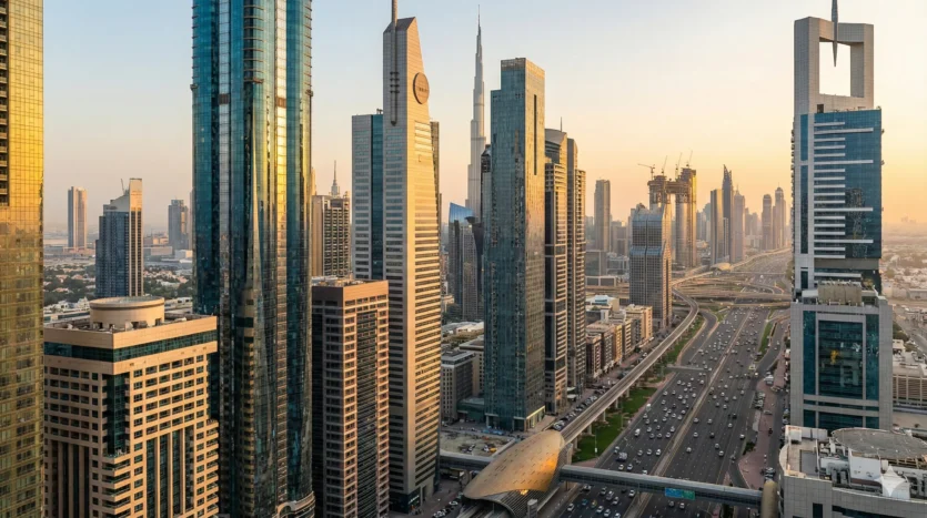 Panoramic view of Dubai skyline showing modern office towers in Business Bay and Downtown for commercial real estate analysis.