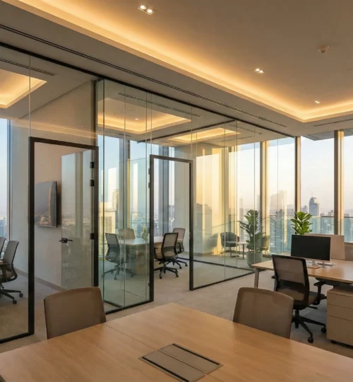 Modern office interior in Dubai Downtown featuring high-end commercial fit-out and skyline views.