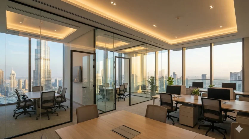 Modern office interior in Dubai Downtown featuring high-end commercial fit-out and skyline views.