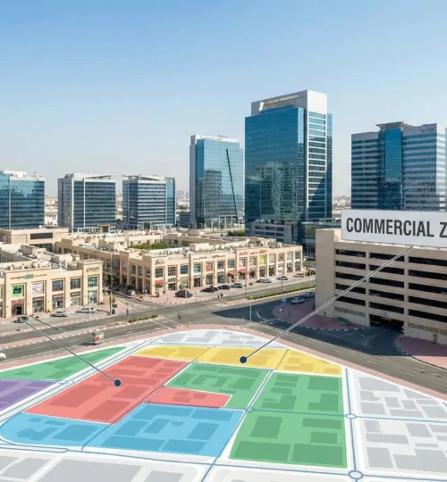 A commercial zoning map overlaying a business district in Dubai, highlighting areas for different types of commercial activities.