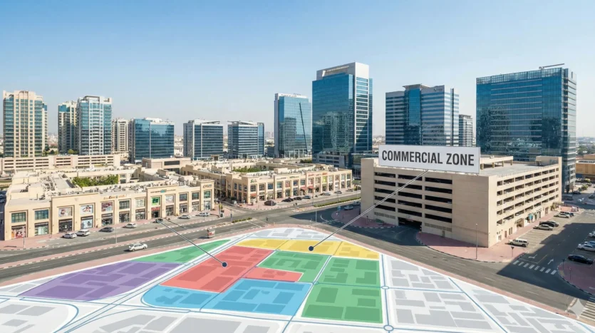 A commercial zoning map overlaying a business district in Dubai, highlighting areas for different types of commercial activities.