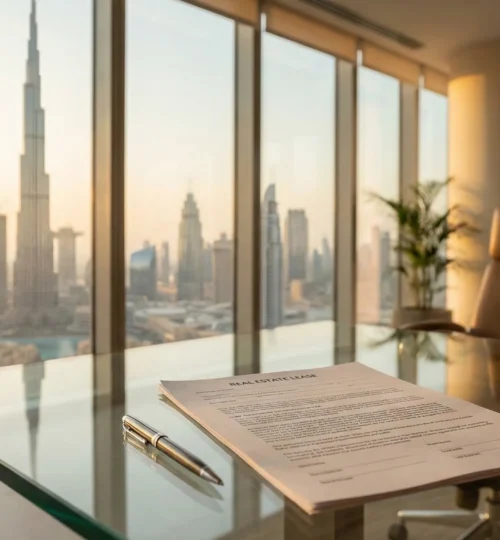 Signed commercial office lease agreement on a desk with Dubai skyline background.