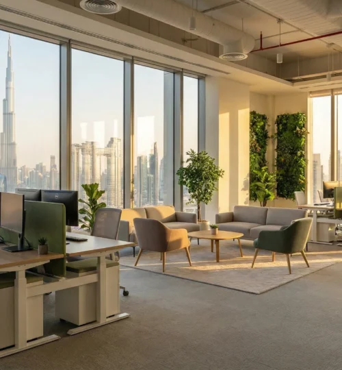 Modern open plan office space in Dubai with skyline view and ergonomic workstations.