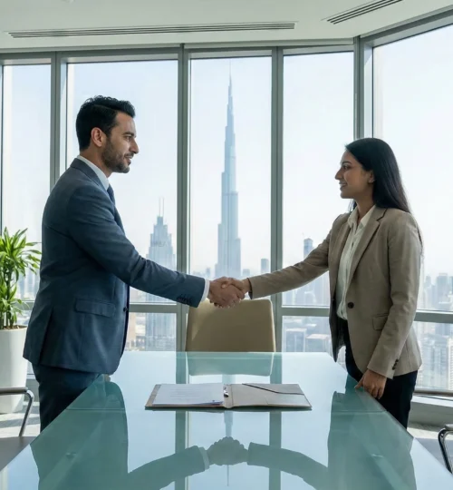 Business professionals finalizing a commercial sublease agreement in a modern Dubai office.