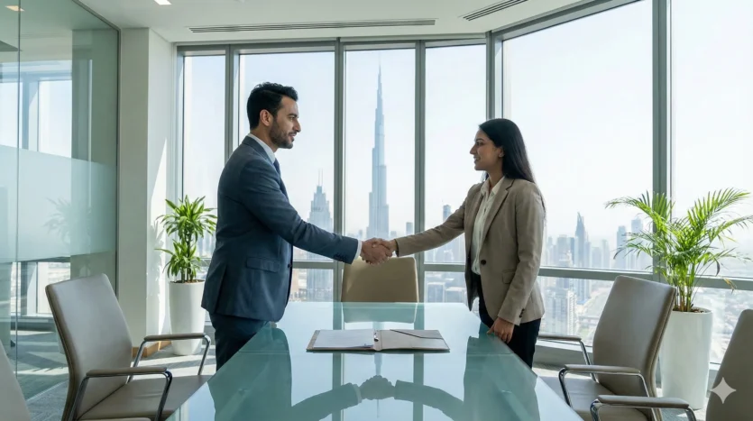 Business professionals finalizing a commercial sublease agreement in a modern Dubai office.
