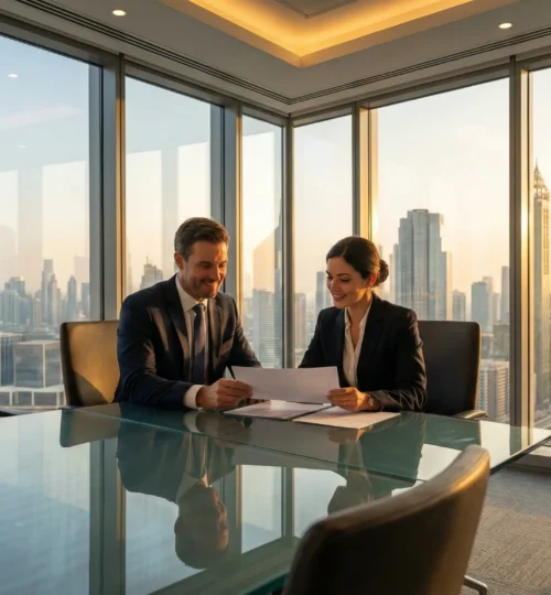 Business professionals discussing how to negotiate a commercial lease in Dubai with the city skyline in the background.