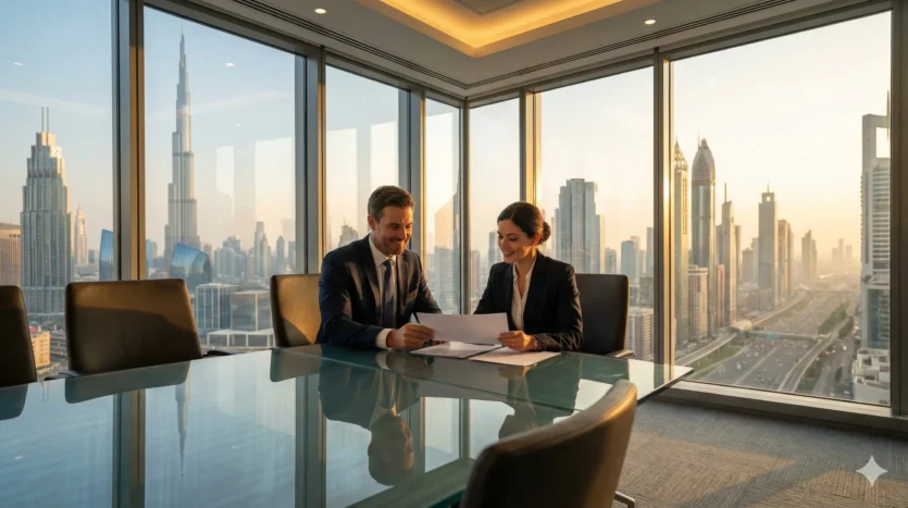 Business professionals discussing how to negotiate a commercial lease in Dubai with the city skyline in the background.