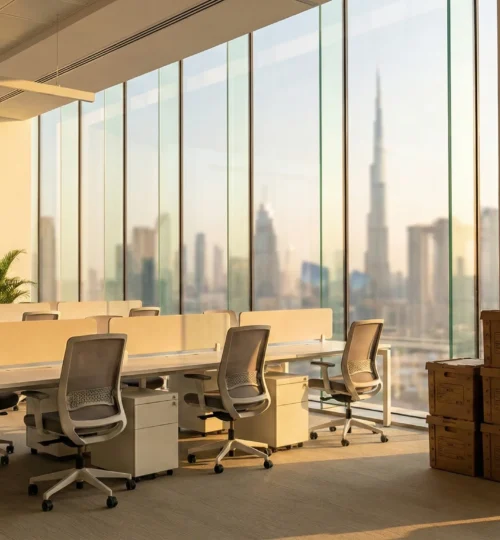 Modern Dubai office space with packing crates symbolizing a business move with minimal downtime.
