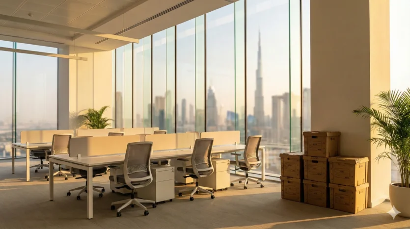Modern Dubai office space with packing crates symbolizing a business move with minimal downtime.