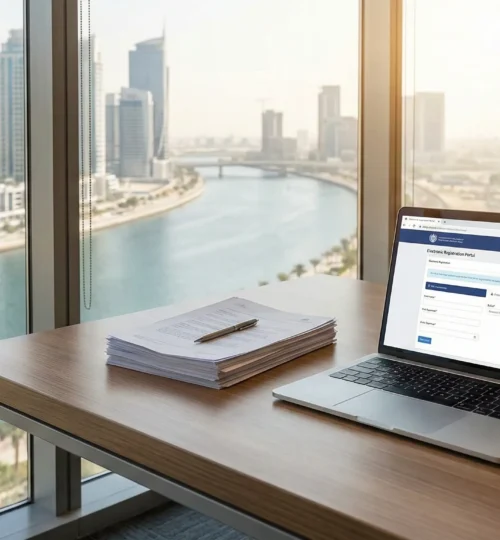View of Dubai skyline from a corporate office relevant to commercial Ejari registration.