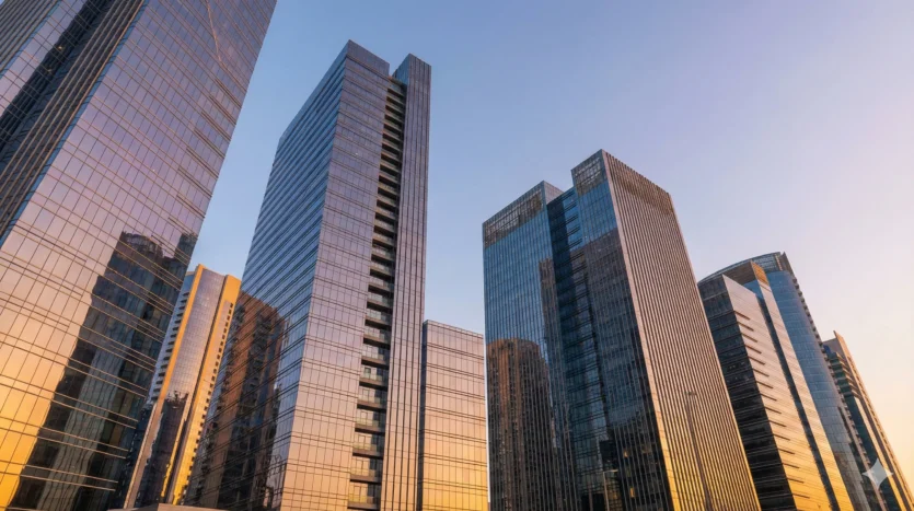 Modern glass office buildings in Dubai symbolizing commercial real estate investment.