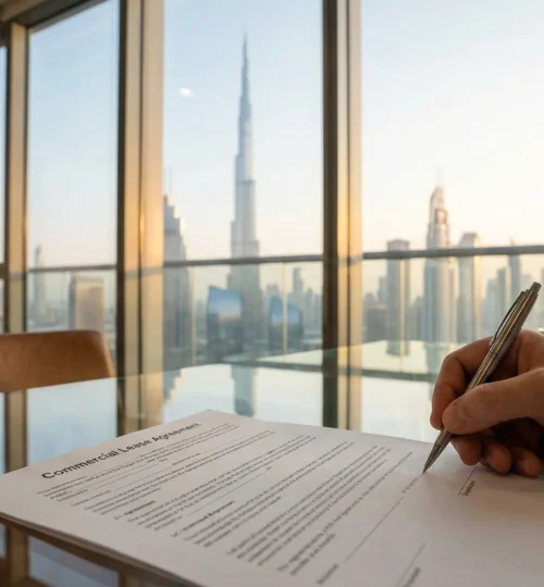 Commercial lease agreement signing in a modern Dubai office with skyline view.