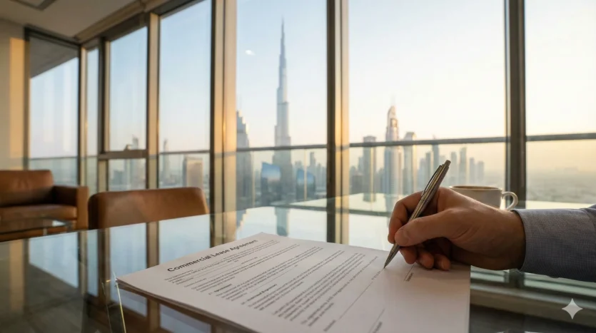 Commercial lease agreement signing in a modern Dubai office with skyline view.
