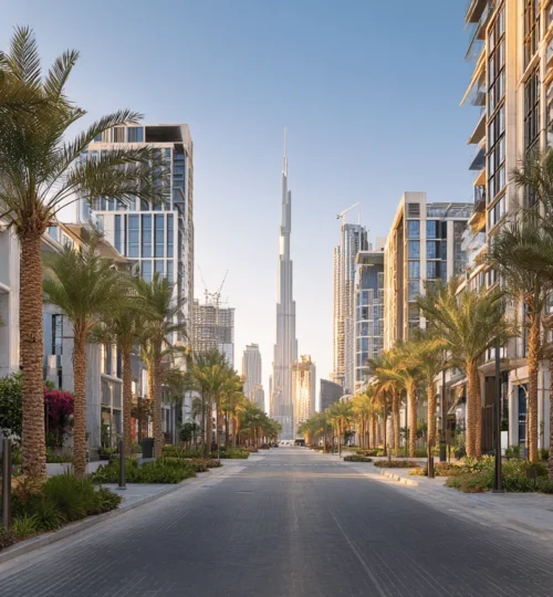 Commercial property in Dubai skyline with office towers and retail podiums at sunset