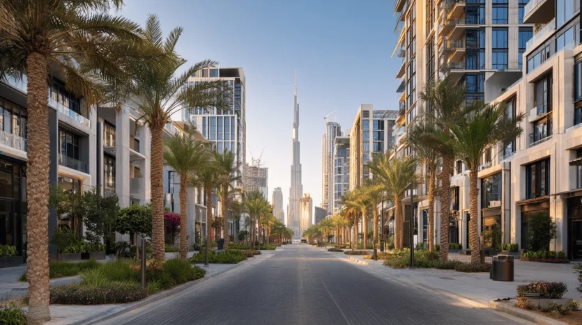Commercial property in Dubai skyline with office towers and retail podiums at sunset