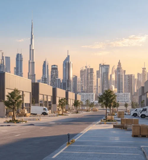 Dubai commercial property types shown across offices, retail, and warehouse districts at sunset