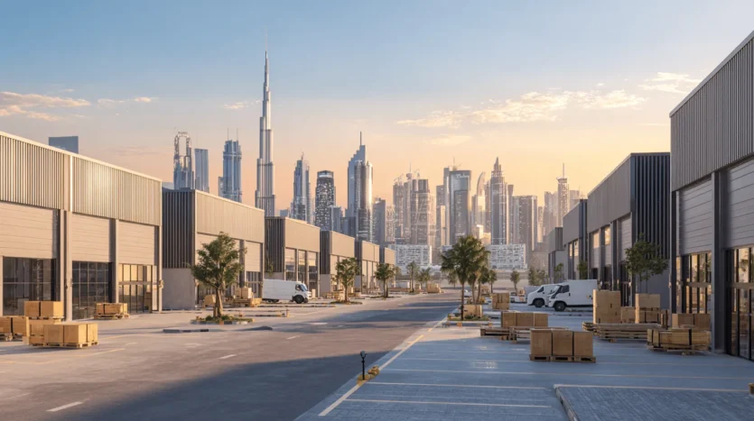 Dubai commercial property types shown across offices, retail, and warehouse districts at sunset