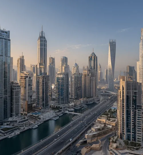 Dubai free zone vs mainland business location comparison with skyline at golden hour
