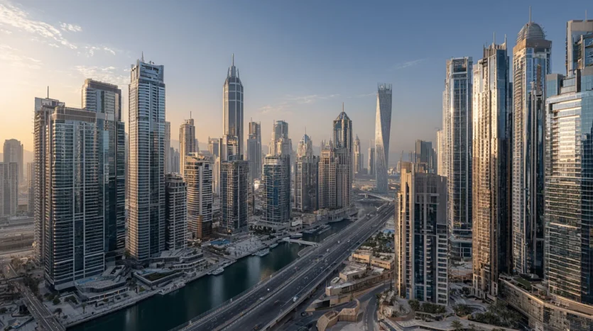Dubai free zone vs mainland business location comparison with skyline at golden hour