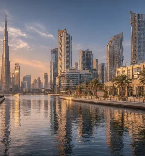 Dubai skyline showing Grade A vs Grade B office buildings at sunset