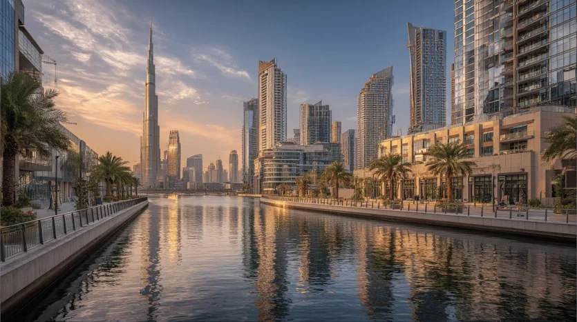 Dubai skyline showing Grade A vs Grade B office buildings at sunset