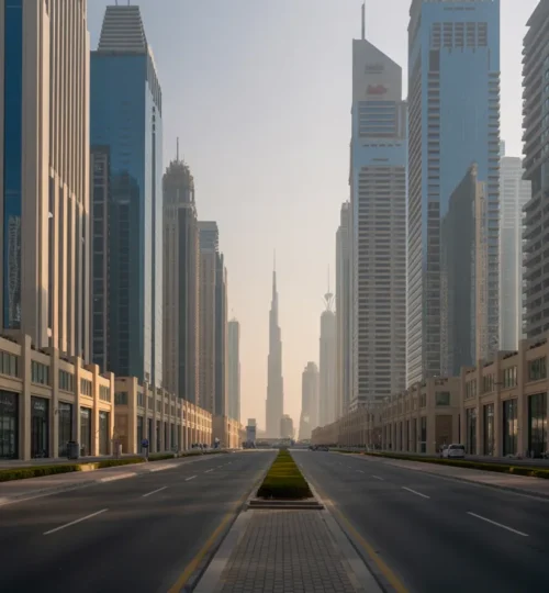 Leasehold vs Freehold for Commercial Assets in Dubai shown against a downtown skyline at golden hour