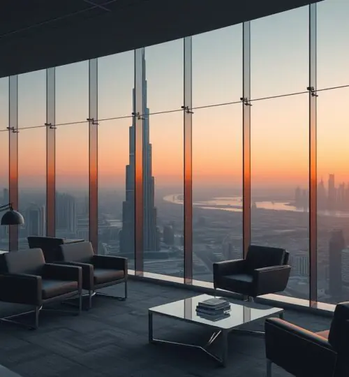 Modernes Büro in Dubai mit Blick auf den Burj Khalifa