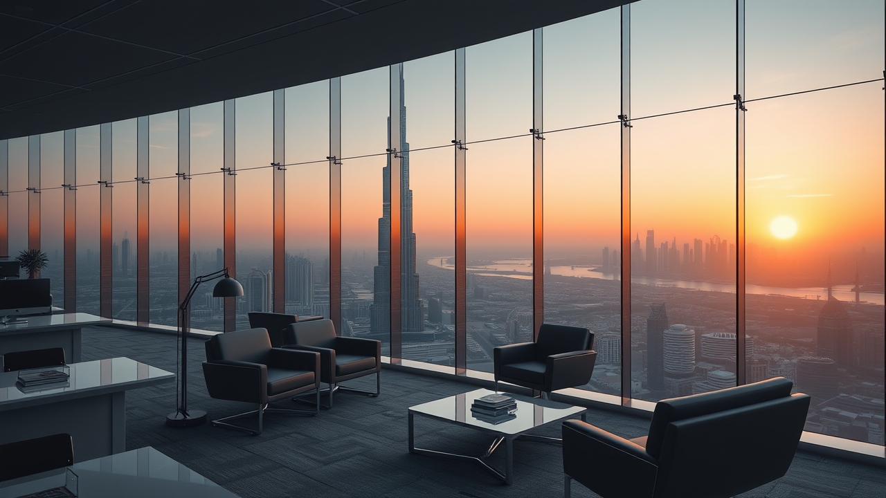 Modern office in Dubai with Burj Khalifa view