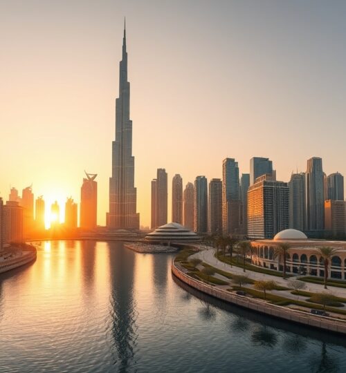 Business Bay skyline with Dubai Water Canal and Burj Khalifa