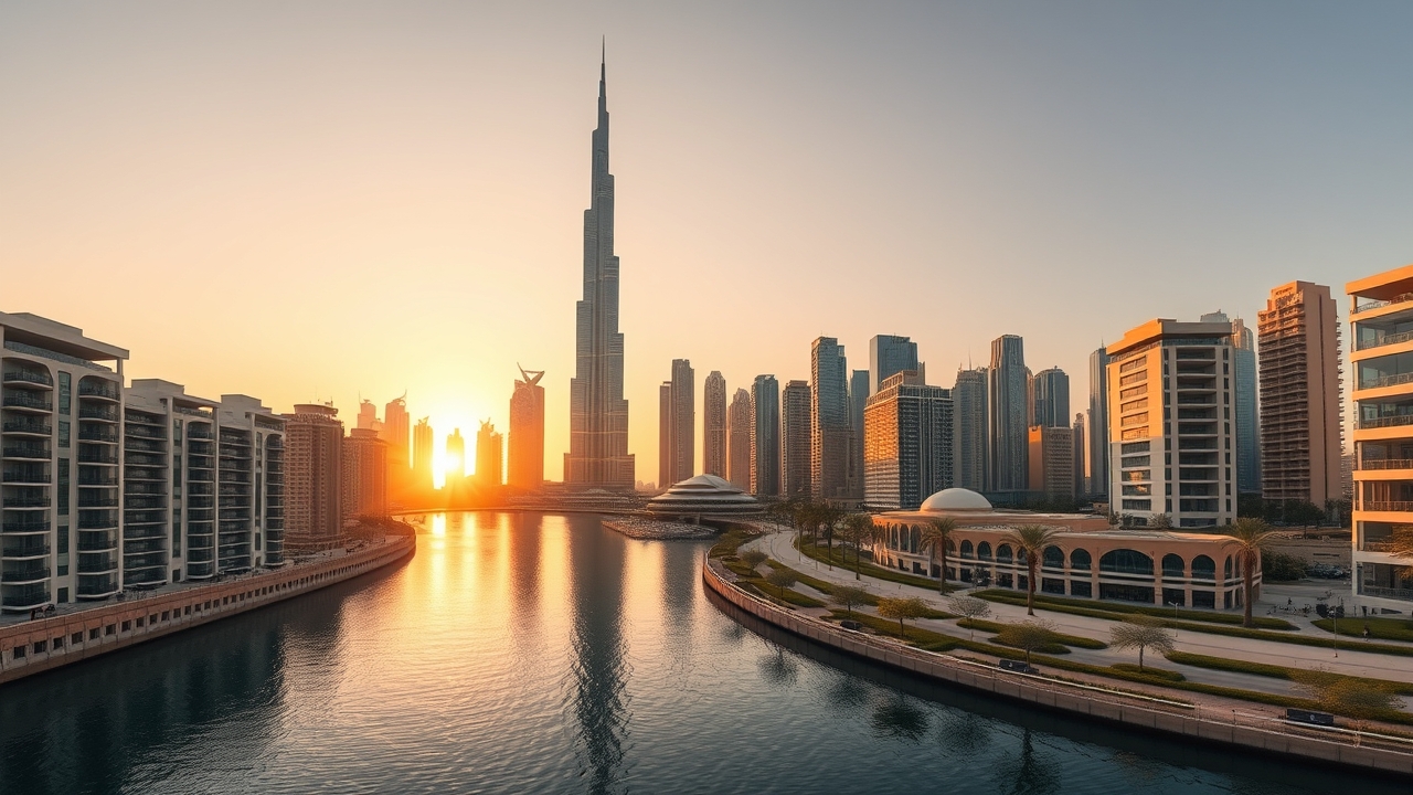 Business Bay skyline with Dubai Water Canal and Burj Khalifa