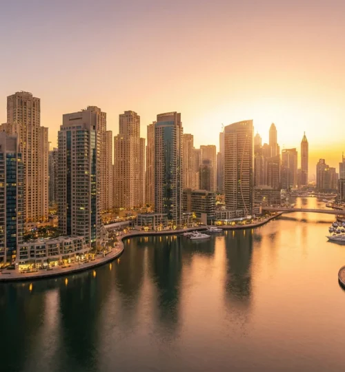 Dubai Marina residential towers overlooking the waterfront, illustrating high-value real estate subject to service charges in Dubai.
