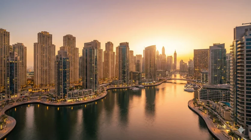 Dubai Marina residential towers overlooking the waterfront, illustrating high-value real estate subject to service charges in Dubai.