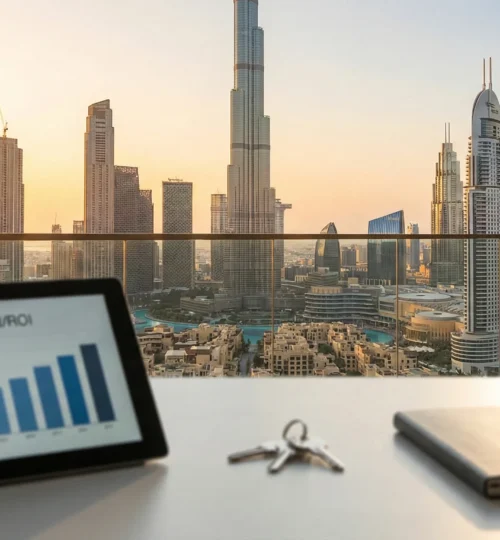View of Dubai skyline from a luxury apartment balcony representing high-value property assets.