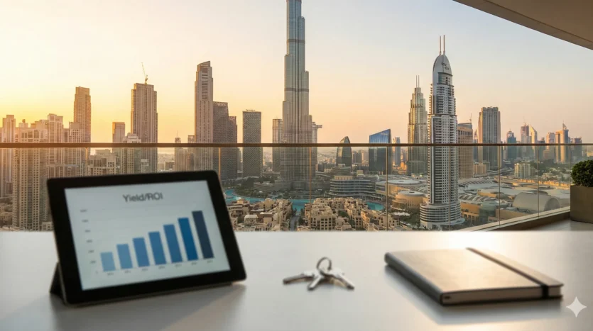 View of Dubai skyline from a luxury apartment balcony representing high-value property assets.
