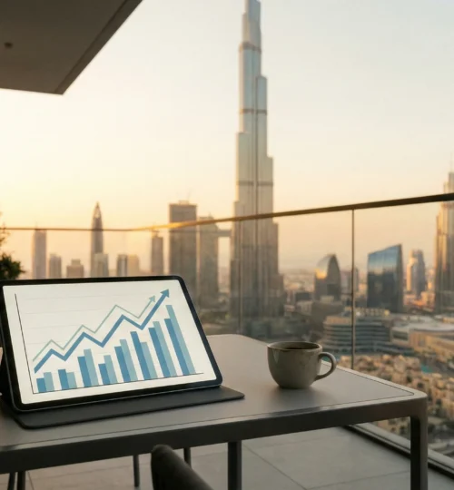 View of Dubai skyline from a luxury apartment balcony highlighting real estate investment potential.